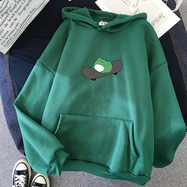 Unisex Kapuzenpullover mit Skater-Frosch-Print, weichem Fleece-Innenfutter und Kängurutasche – Auréline