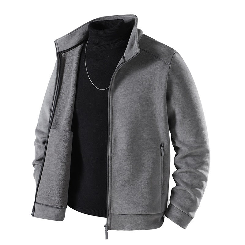 Herren Schlichte Velours-Optik Übergangsjacke mit hochschließendem Stehkragen, verdecktem Zwei-Wege-Reißverschluss & Zip-Taschen Echoarchiv
