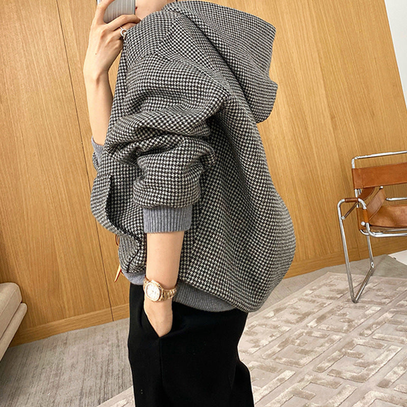 Damen Oversized Sweatjacke mit Kapuze und modernem Houndstooth-Muster Echoarchiv