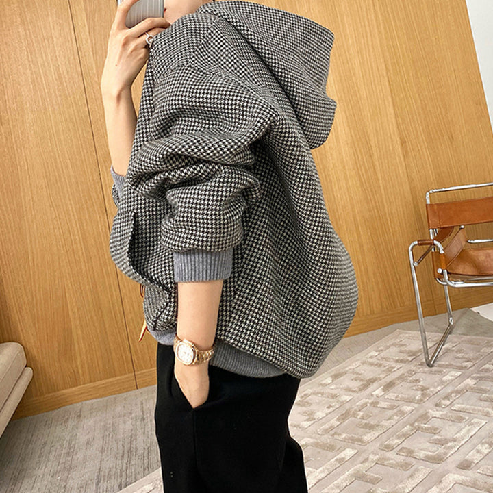 Damen Oversized Sweatjacke mit Kapuze und modernem Houndstooth-Muster Echoarchiv