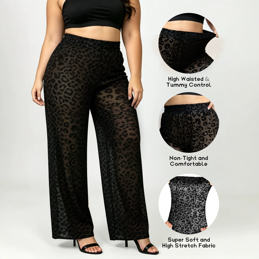 Damen Hochtaillierte weit geschnittene Chiffon-Hose mit Leopardmuster und Bauchkontrolle echoarchiv-