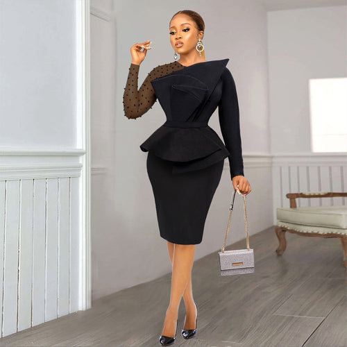 Damen Etuikleid mit transparenten Puffärmeln und dekorativem Peplum Echo Archiv