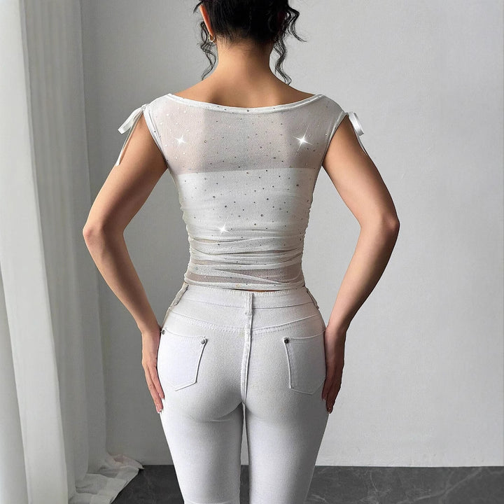 Damen nan transparentes Netz-Oberteil mit funkelnden Glitzersteinen, Schulterknoten und Taillenraffung Echo Archiv