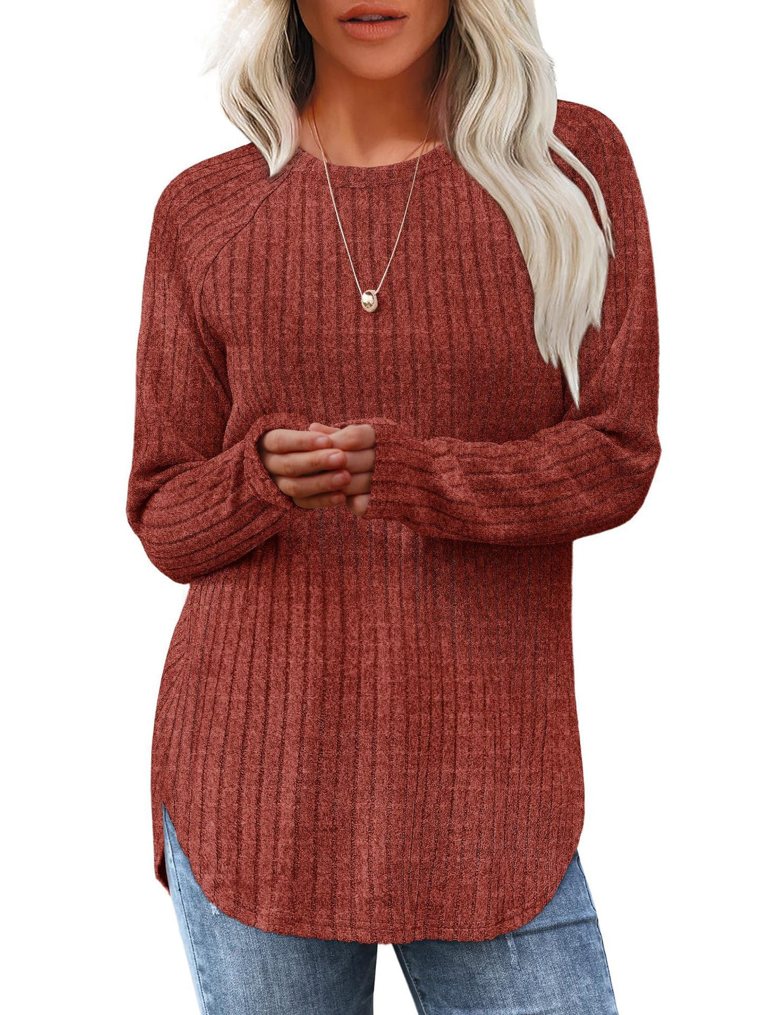 Damen gerippter Strickpullover mit Rundhalsausschnitt Oversize-Passform und Seitenschlitzen Echo Archiv