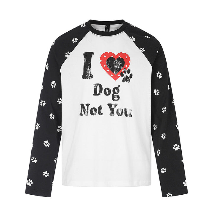Damen Casual-Langarmshirt im Raglanstil mit Hunde-Pfotenmuster und Statement-Frontprint Echoarchiv