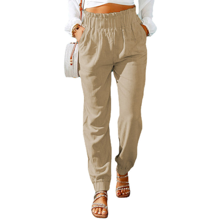 Damen Hochtaillierte Leinenoptik-Joggerhose mit elastischem Rüschbund und Eingrifftaschen Echoarchiv