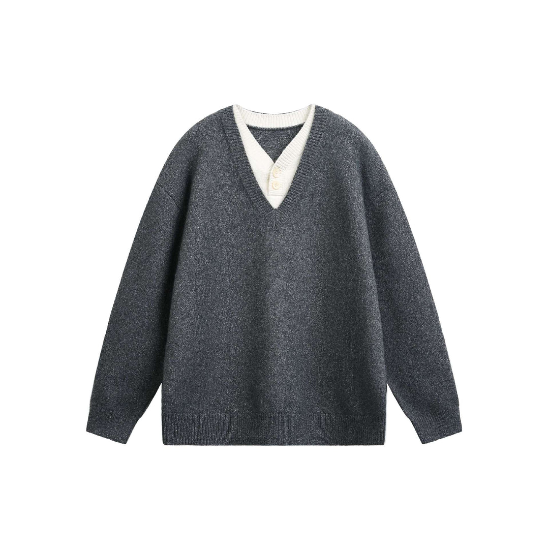 Damen Oversize V Neck Strickpullover mit Henley-Optik und gerippten Bündchen Echoarchiv