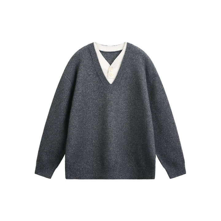 Damen Oversize V Neck Strickpullover mit Henley-Optik und gerippten Bündchen Echoarchiv