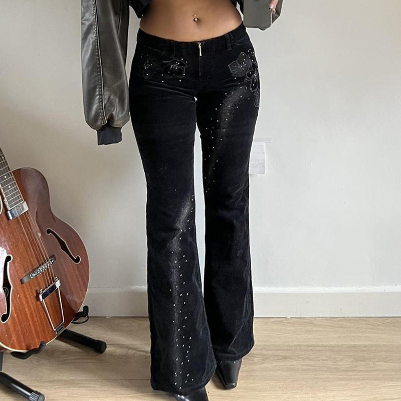 Damen nan ausgestellte Cordhose mit Glitzerstreifen und Blumenstickerei, hoher Bund Echo Archiv