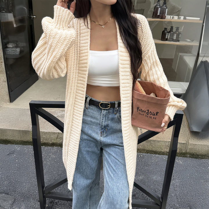 Damen lange Grobstrick-Cardigan mit offener Front und Ballonärmeln – Veloura