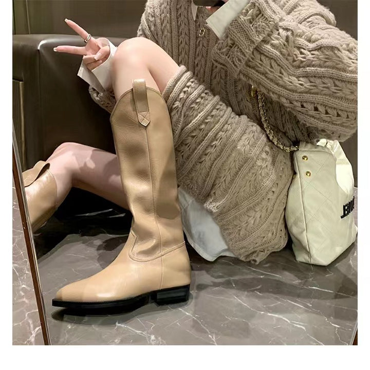Damen Kniehohe Western‑Stiefel aus Glattleder mit spitzer Kappe und niedrigem Blockabsatz Echo Archiv