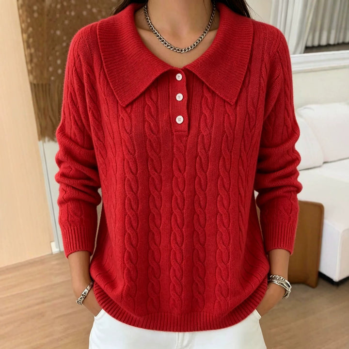 Damen Kabelstrick-Polo-Pullover mit großem Umlegekragen und lockerer Silhouette – Mavelle