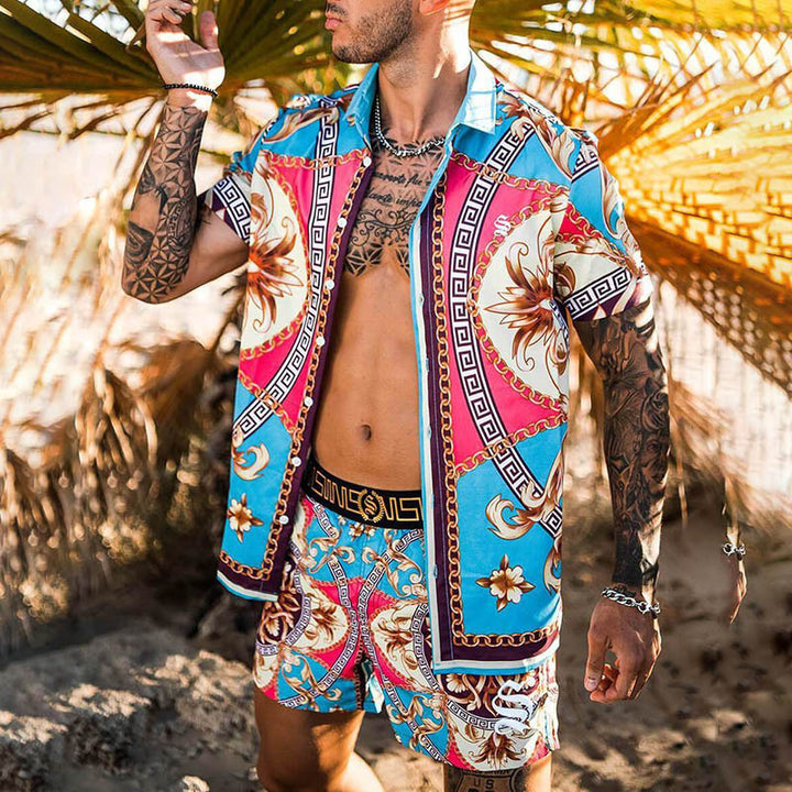 Männer Lebhaftes Tropenprint Kurzarmhemd und Passende Badehose Set Echoarchiv