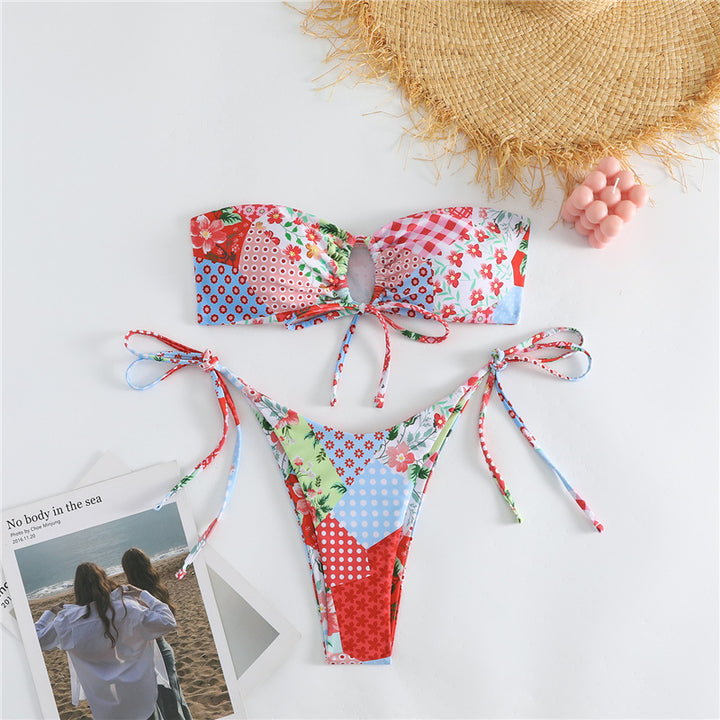 Damen Bikini-Set mit trendigem Patchwork-Muster und verspielten Krawatten Echo Archiv