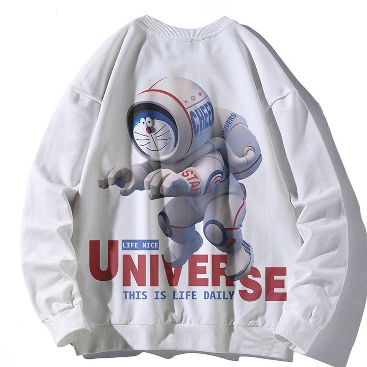 Unisex Oversize Pullover mit Cartoon-Astronauten-Frontprint, Rundhalsausschnitt und Rippbündchen – Auréline