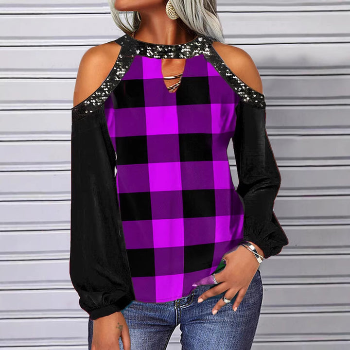 Damen Off-Shoulder kariertes Bluse mit Paillettenbesatz und langen Ballonärmeln – Élovi