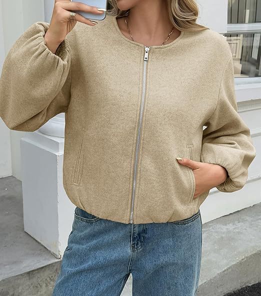 Damen Kurzjacke mit durchgehendem Reißverschluss, Ballonärmeln und elastischem Saum Echoarchiv