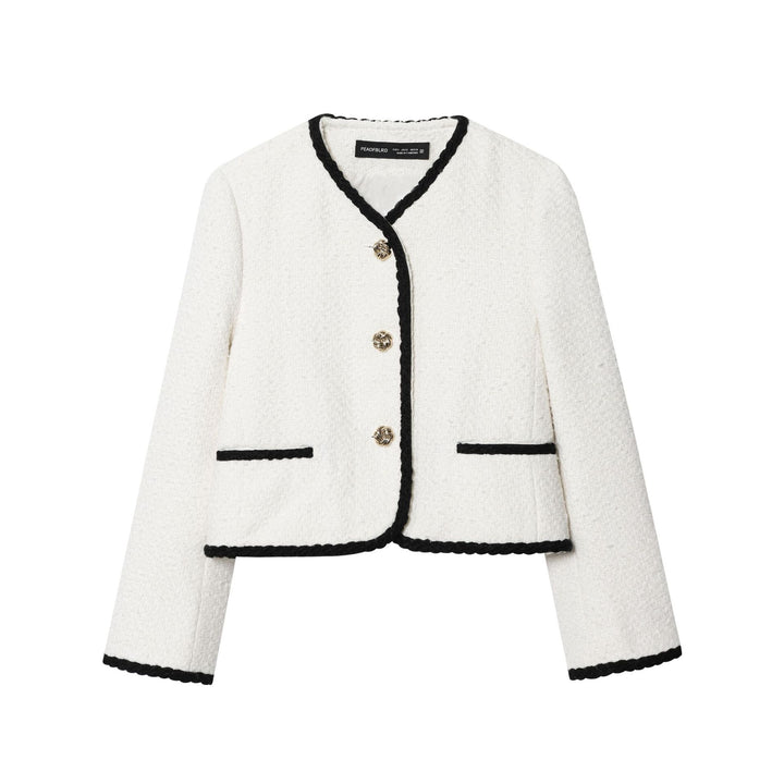 Damen kurz geschnittene Bouclé-Jacke mit geflochtenem Rand und goldenen Zierknöpfen – Célinea