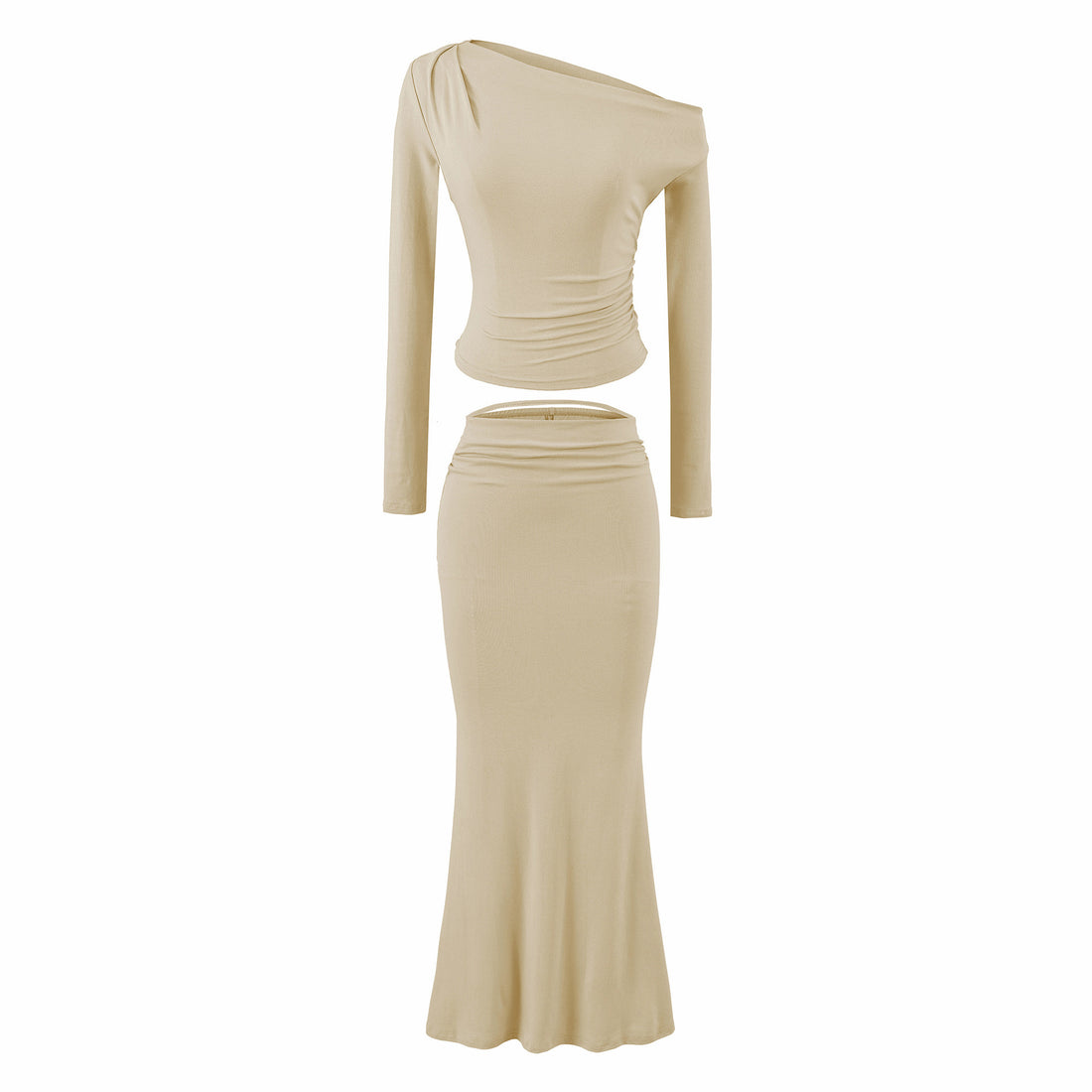 Damen Einschultriges zweiteiliges Set mit gerafftem Crop-Top und tailliertem Maxirock Echoarchiv