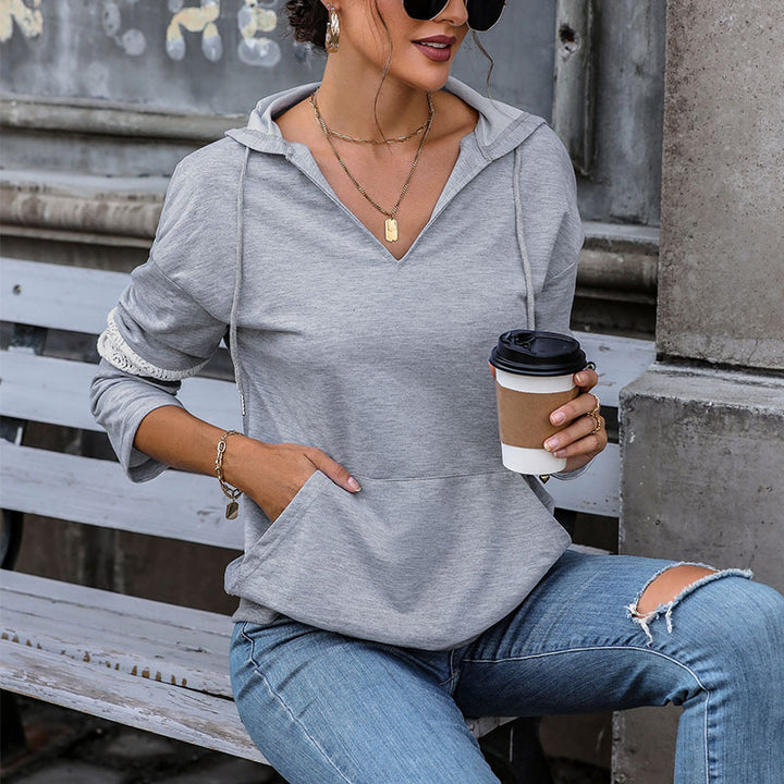Damen Kapuzenpullover mit V‑Ausschnitt, Kängurutasche und kontrastierenden Ärmeln Echoarchiv