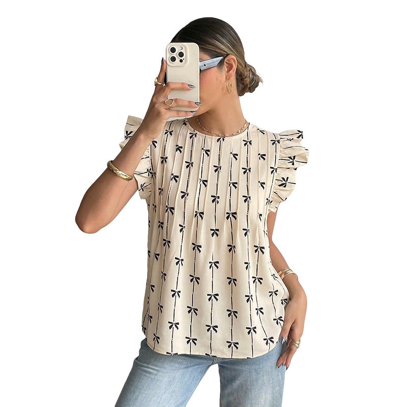 Damen Leichte Baumwollbluse mit Rüschenärmeln, Plissee-Falten und Schleifenprint Echoarchiv