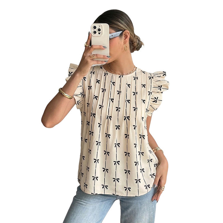 Damen Leichte Baumwollbluse mit Rüschenärmeln, Plissee-Falten und Schleifenprint Echoarchiv