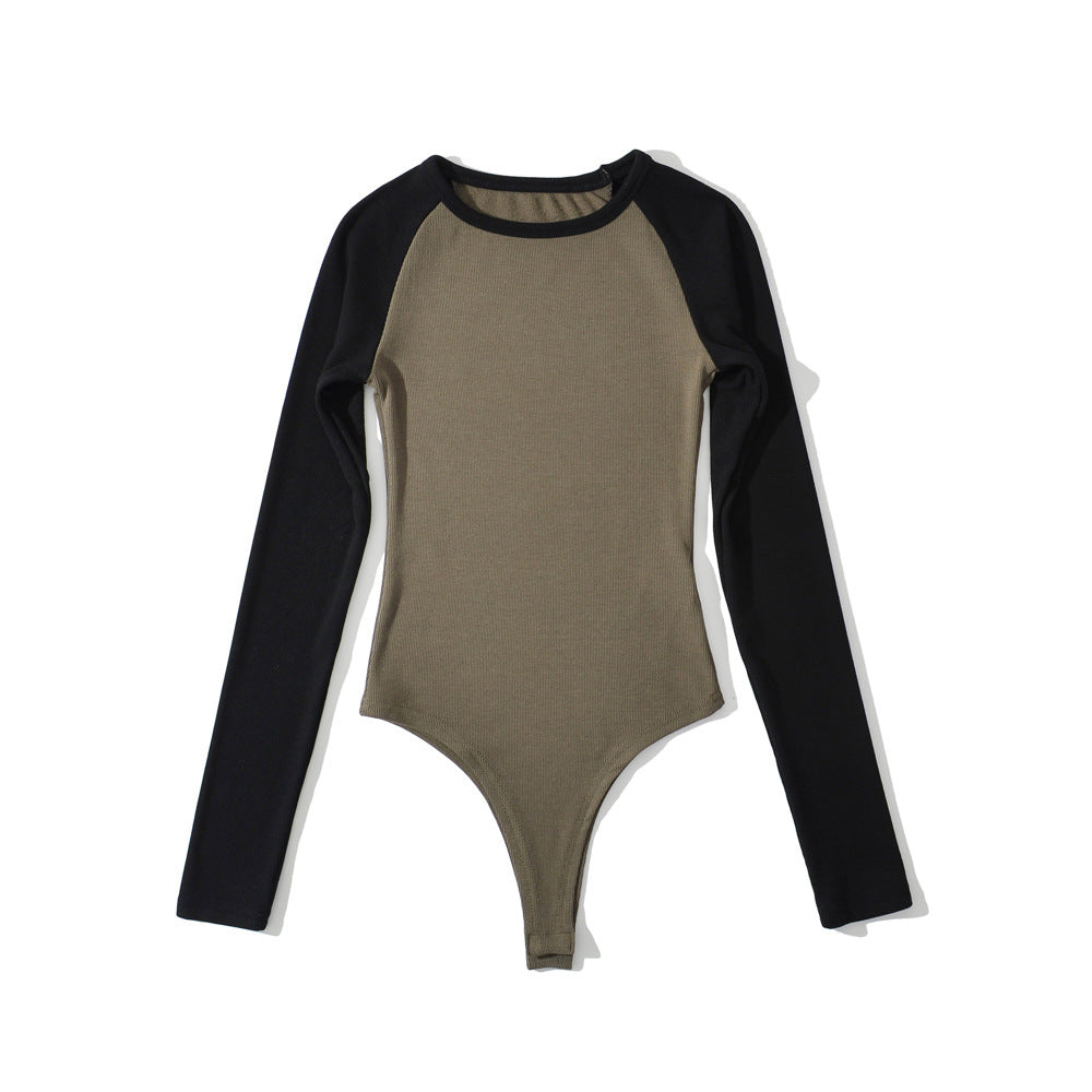 Damen Raglan-Bodysuit mit langen Ärmeln, Rippstruktur und Druckknopfverschluss Echoarchiv
