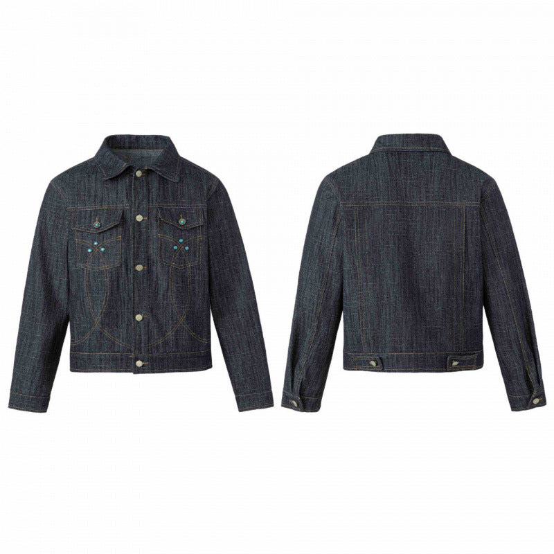 Unisex Kurz geschnittene Boxy-Denimjacke mit dekorativen Ziernähten und Türkis‑Studs Echo Archiv