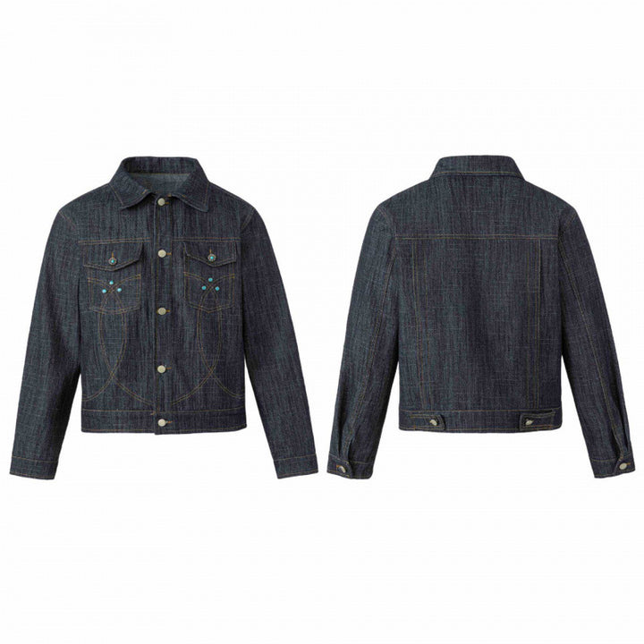 Unisex Kurz geschnittene Boxy-Denimjacke mit dekorativen Ziernähten und Türkis‑Studs Echo Archiv
