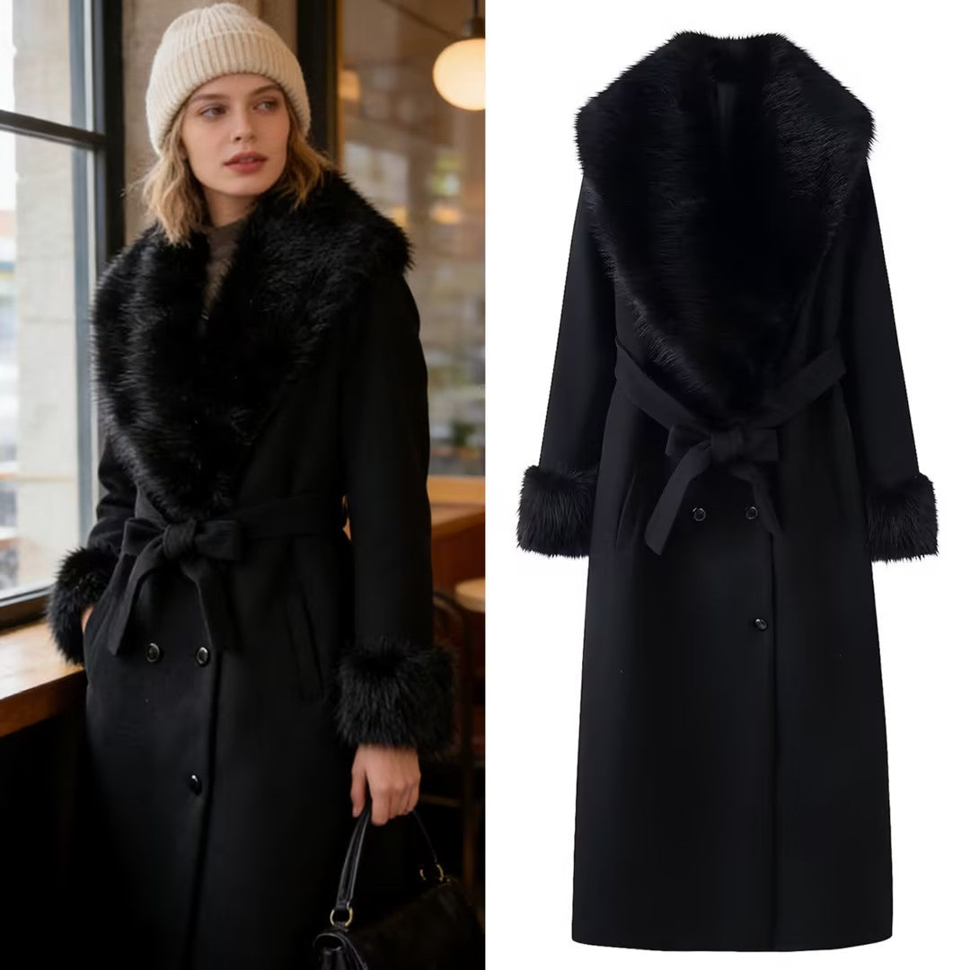 Damen Langer eleganter Wollmix-Mantel mit breitem Kunstfellkragen, Bindegürtel und Fellmanschetten Echo Archiv