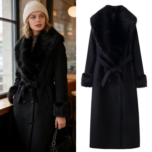 Damen Langer eleganter Wollmix-Mantel mit breitem Kunstfellkragen, Bindegürtel und Fellmanschetten Echo Archiv