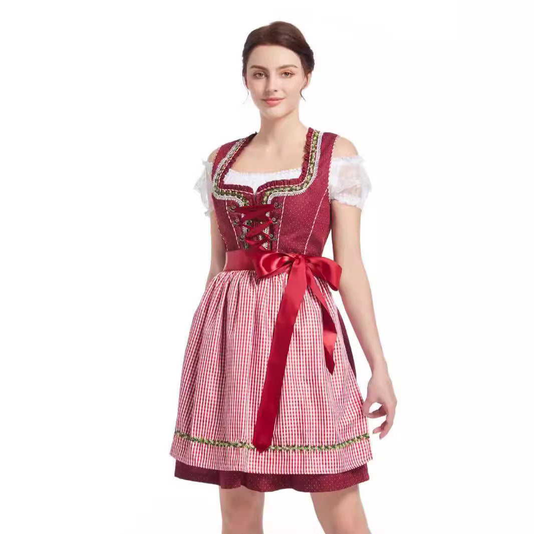 Damen  traditionelles kurz geschnittenes Dirndl mit herzförmigem Ausschnitt, dekorativer Schnürung und Vichy-Karo Schürze Echo Archiv