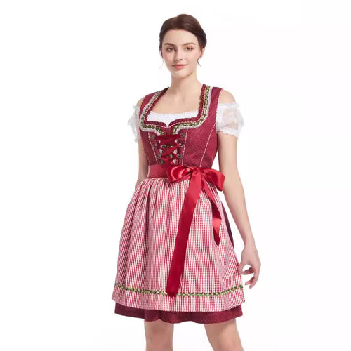 Damen  traditionelles kurz geschnittenes Dirndl mit herzförmigem Ausschnitt, dekorativer Schnürung und Vichy-Karo Schürze Echo Archiv