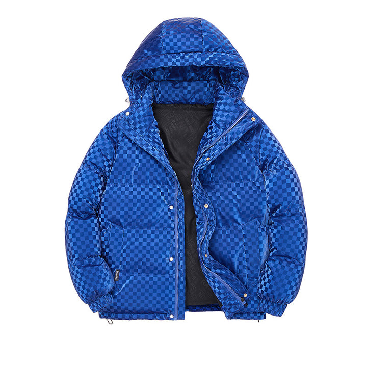 Herren Hochglänzende gesteppte Thermojacke mit Kapuze & Karo‑Struktur Echoarchiv