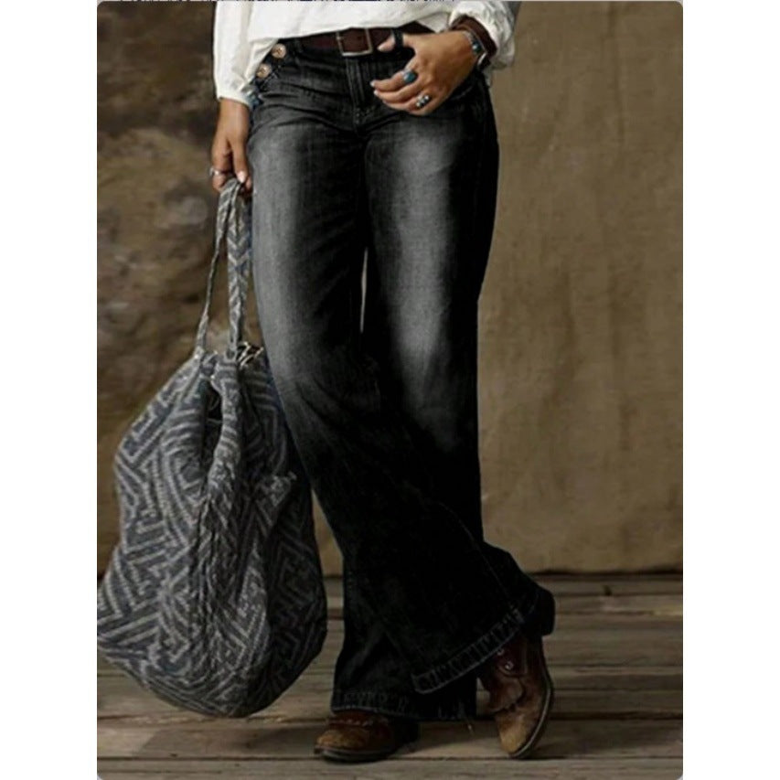 Damen Weite Vintage-Jeanshose mit hoher Taille und Used‑Waschung Echo Archiv