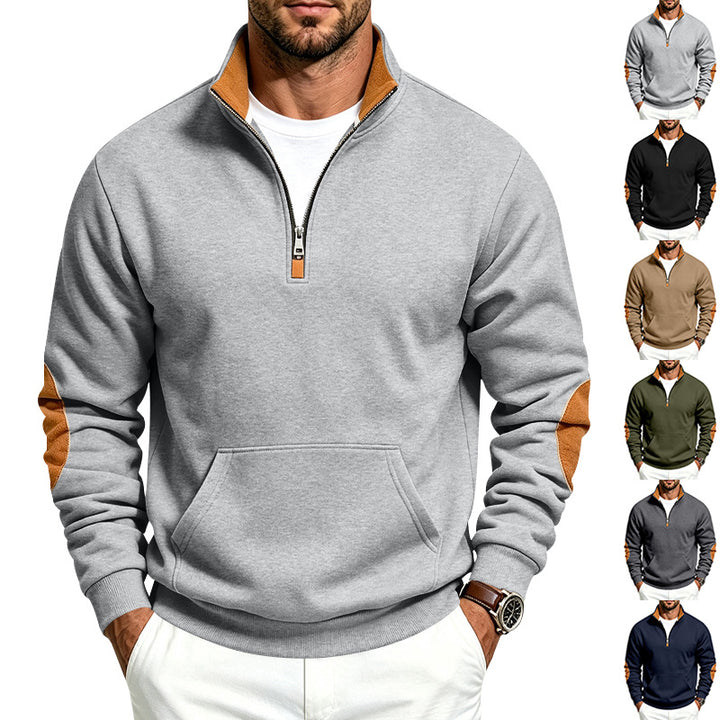 Herren Sweatshirt mit halbem Reißverschluss, Stehkragen und Ellenbogen-Patches Echoarchiv