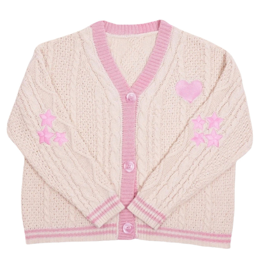 Damen nan gestrickte Cardigan mit Zopfmuster V-Ausschnitt und Herz- und Sternapplikationen Echo Archiv