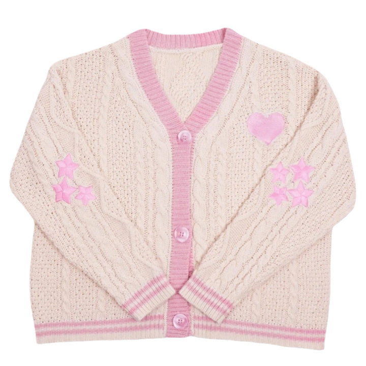 Damen nan gestrickte Cardigan mit Zopfmuster V-Ausschnitt und Herz- und Sternapplikationen Echo Archiv