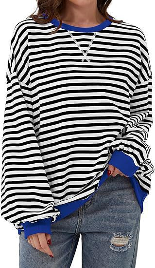 Damen Lässiges Oversize-Streifen-Sweatshirt mit Raglanärmeln und Kontrastbündchen – Mavelle