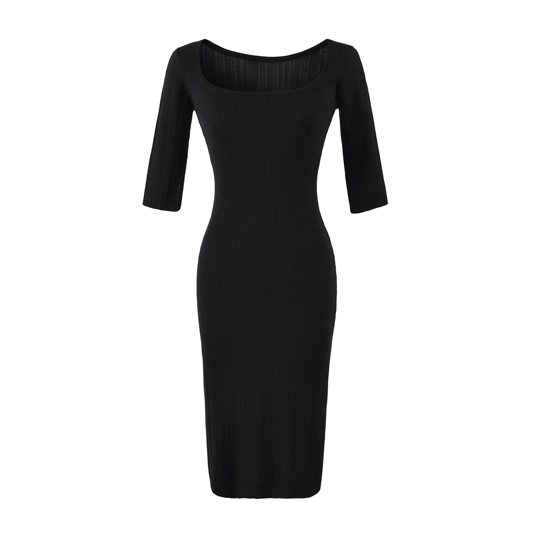 Damen Geripptes Midikleid mit quadratischem Ausschnitt und dreiviertelärmeln Echoarchiv