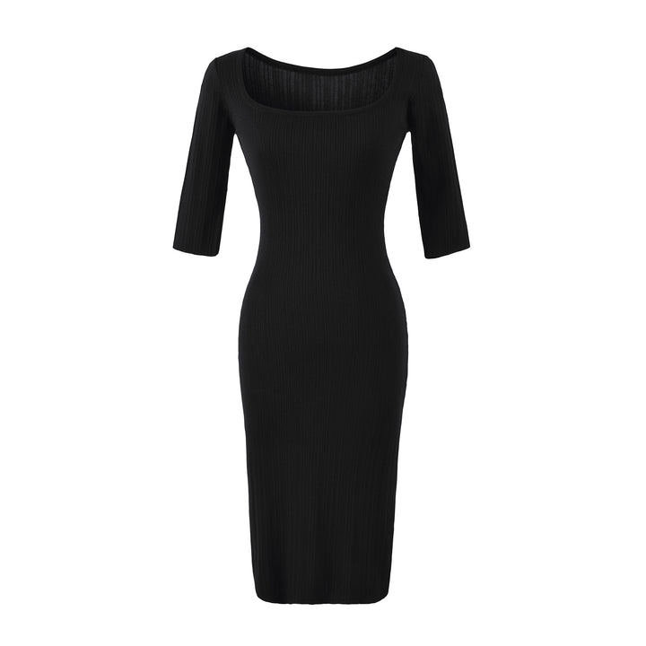 Damen Geripptes Midikleid mit quadratischem Ausschnitt und dreiviertelärmeln Echoarchiv