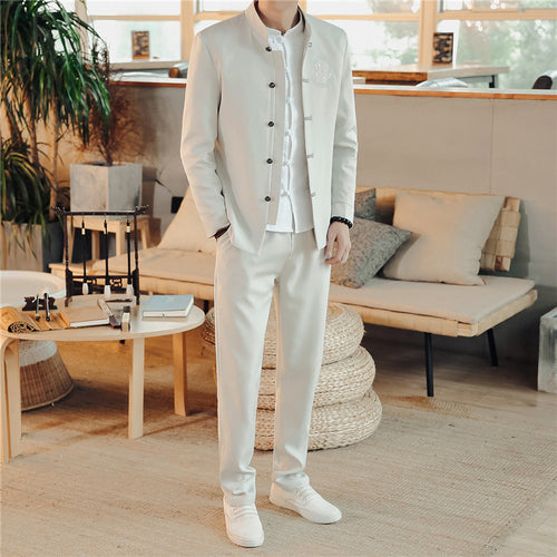 Herren nan asiatisch inspirierte Mandarinjacke mit Stehkragen, Knotenknopfleiste und tonalem Stick-Emblem Echo Archiv
