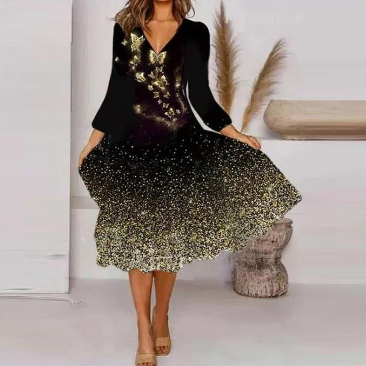 Damen V-Ausschnitt Midi-Kleid mit fließendem Rock und floralem Ärmeldesign Echoarchiv