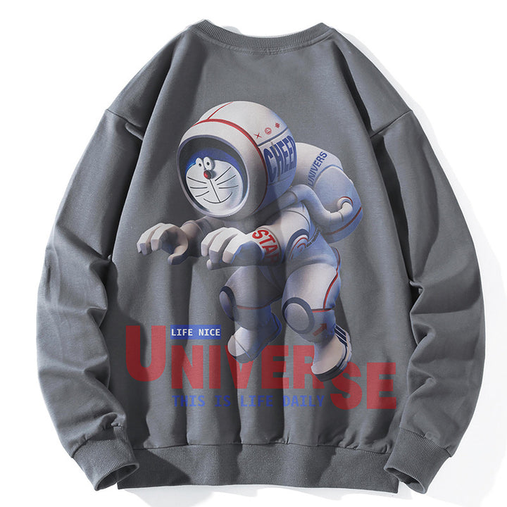 Unisex Oversize Pullover mit Cartoon-Astronauten-Frontprint, Rundhalsausschnitt und Rippbündchen – Auréline