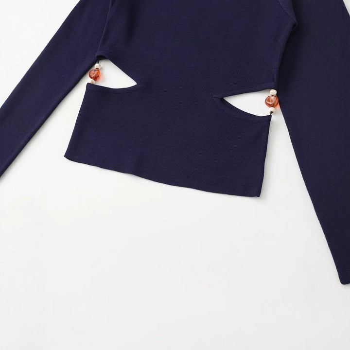 Damen Langarmshirt mit seitlichen Taillen-Aussparungen und Perlenbesatz Echo Archiv