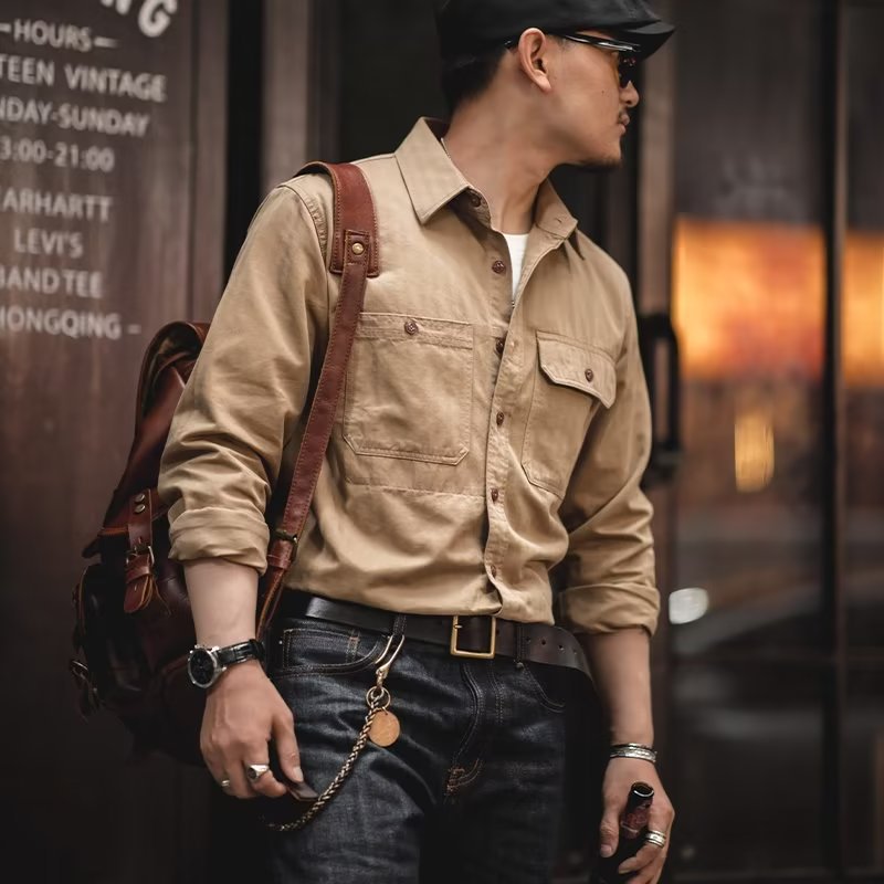 Herren Baumwoll‑Twill‑Worker‑Hemd mit Pattentaschen und kastiger Passform Echoarchiv