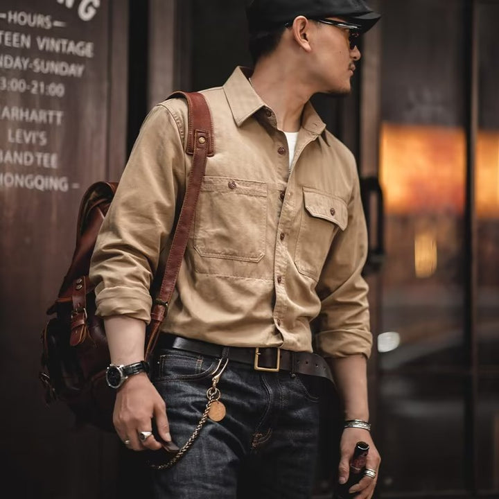 Herren Baumwoll‑Twill‑Worker‑Hemd mit Pattentaschen und kastiger Passform Echoarchiv