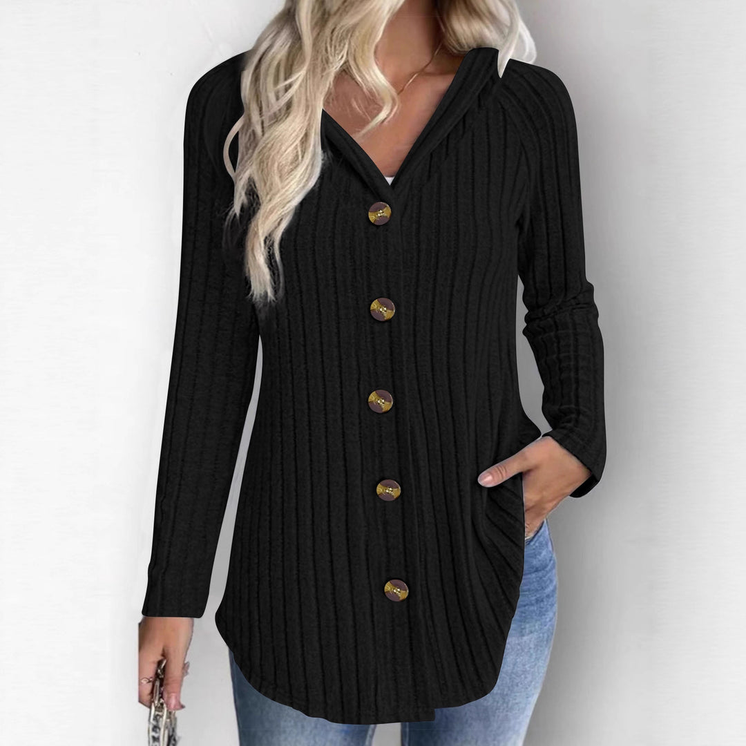 Damen Gerippte Kapuzen-Cardigan-Bluse mit Holzknopfleiste und gerafften Ärmeln – Veloura