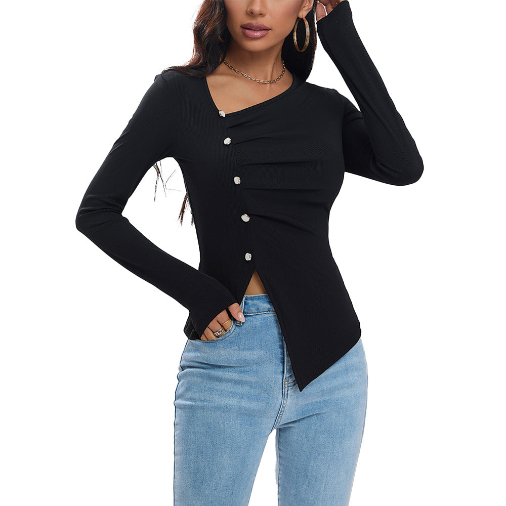 Damen asymmetrisches geripptes Longsleeve mit Diagonalknopfleiste und spitzem Saum – Avérine