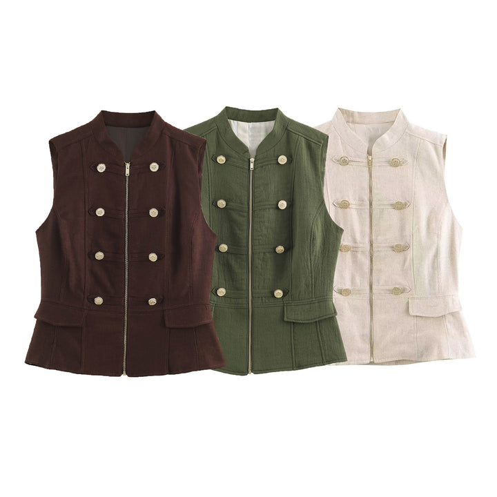 Damen taillierte Military-Weste mit Stehkragen, goldenen Zierknöpfen, Reißverschluss und aufgesetzten Klappentaschen – Célinea